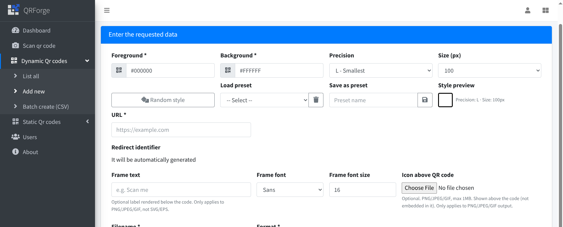 QRForge dynamic QR code editor with redirect and styling options