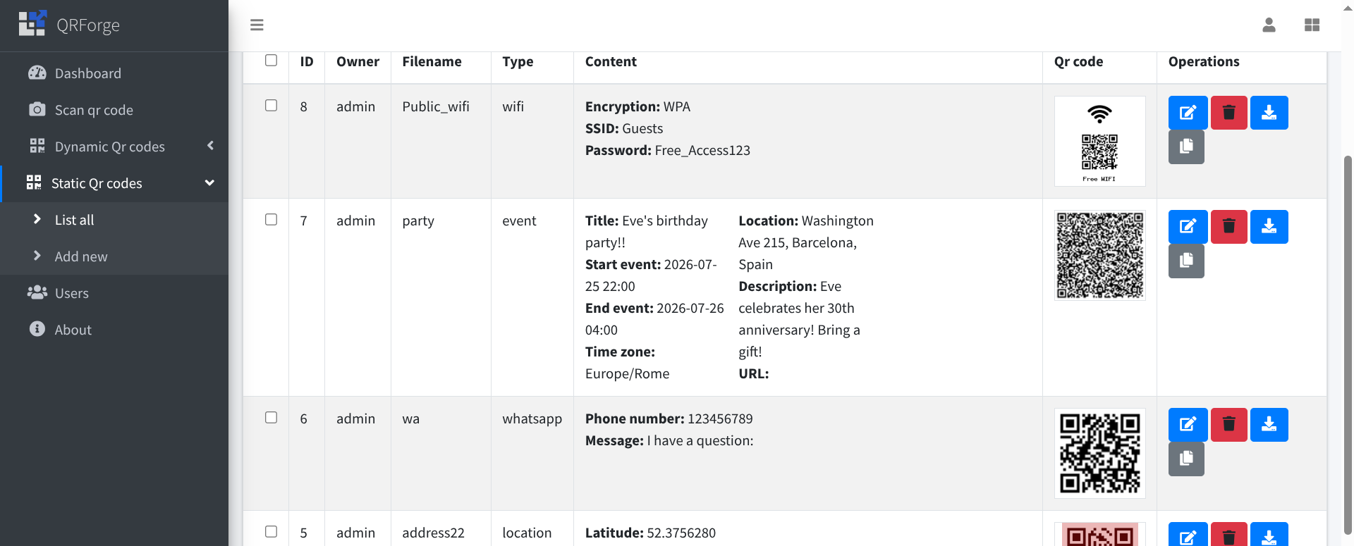 QRForge QR code management list with download and editing controls
