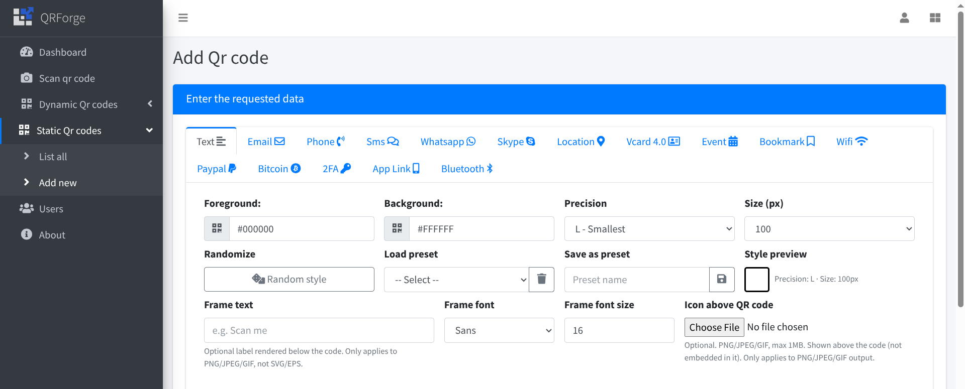 QRForge static QR code editor showing multiple QR types and styling controls